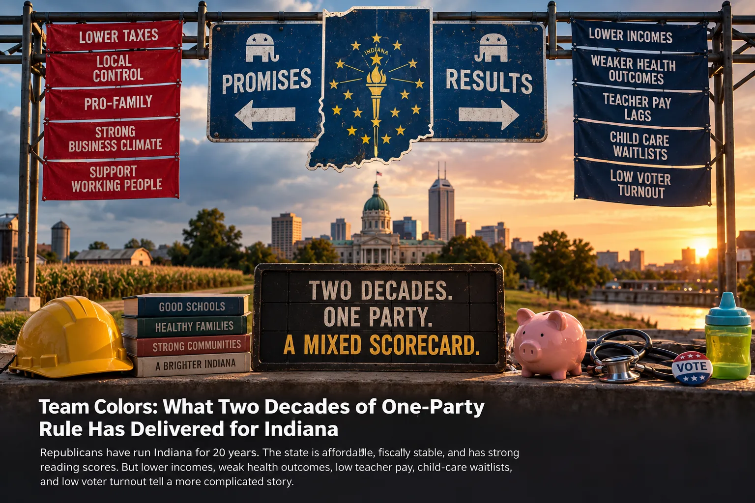 Illustration of street banners under an Indiana-shaped sign. Banners on the left, under “Promises,” read lower taxes, local control, pro-family, strong business climate and support working people. Banners on the right, under “Results,” read lower incomes, weaker health outcomes, teacher pay lags, child care waitlists and low voter turnout. A sign in the middle reads: Two decades. One party. A mixed scorecard.