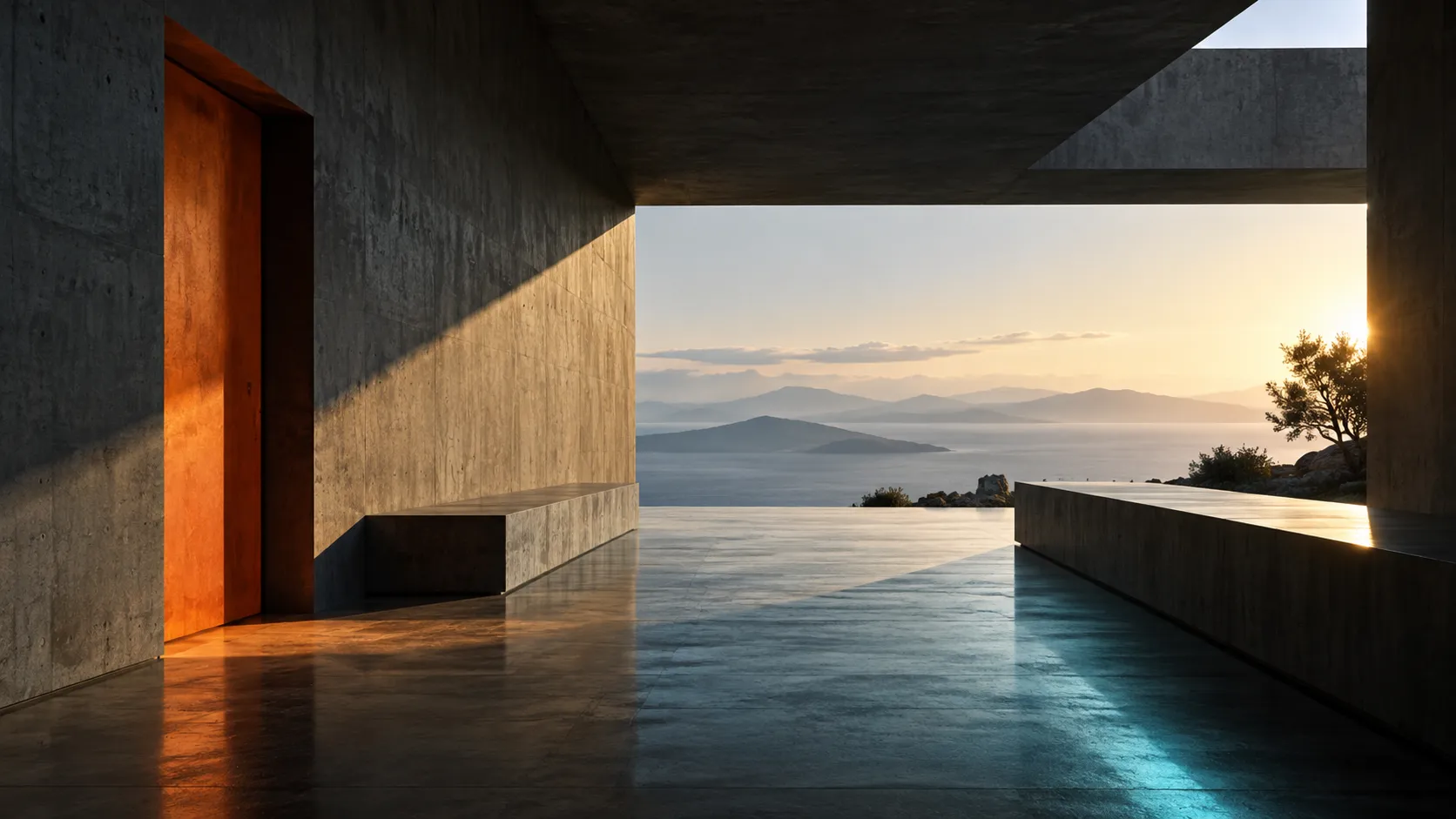 An orange architectural threshold opens toward a distant horizon